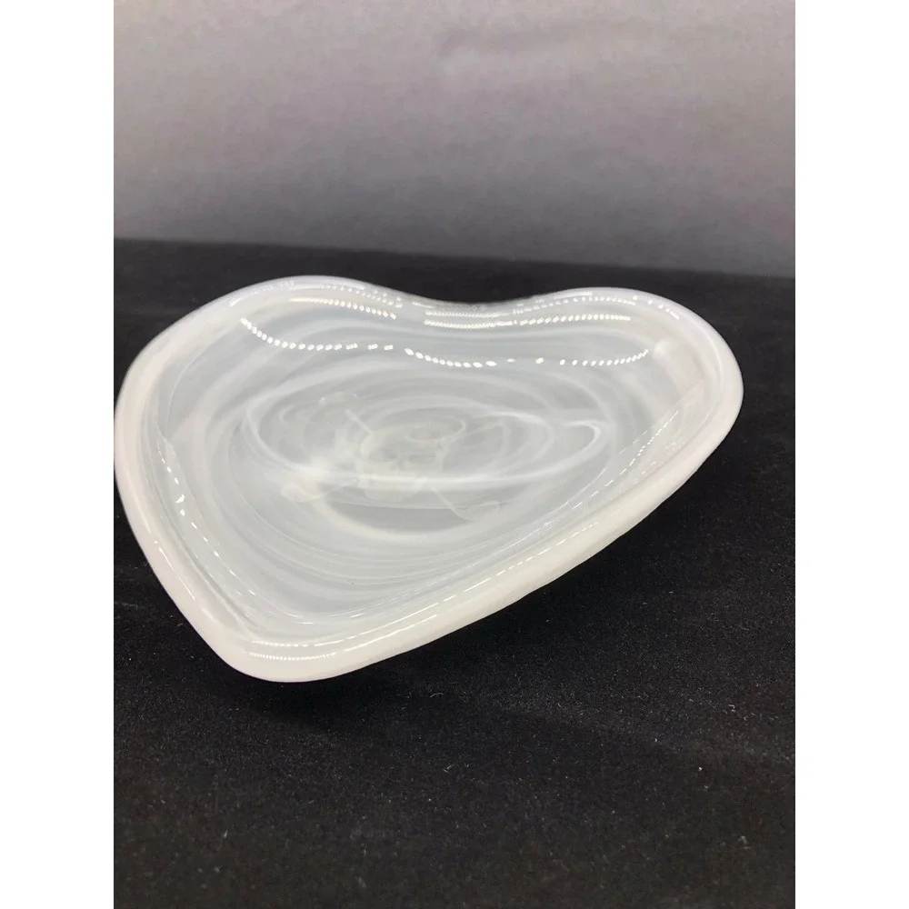 White Swirl Alabaster Glass Heart Trinket Dish Etched Skull Crossbones Decor